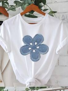 Plus Sizes - Plus Size T-Shirt With Floral And Letter Print, Short Sleeve, Round Neck, Casual Style, Summer And Spring, Plus Size Clothing For Women - Cotton Short Sleeve T-Shirt, Round Neck, Urban Vintage Style, Unisex, Loose Fit - 白色 - 查看 7
