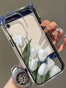 Flower 1pc Black Frame Transparent Minimalist Lens Protection Anti-Fall Anti-Collision White Tulip Floral Pattern Phone Case, Personalized Compatible With IPhone 16 Pro Max, 17/16/15/14 Plus, 13/12/11, Air - Multicolor - View 2