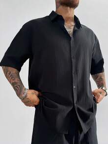 Conjunto de camisa de manga corta y pantalones cortos de unicolor casual de verano para hombres - Negro - Ver 2