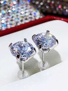 Khuyên tai tròn đính đá Cubic Zirconia sáng bóng tối giản, phụ kiện cơ bản hàng ngày. - Bạc - Xem 4