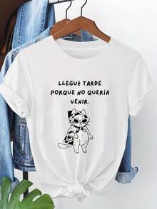 Camiseta de talla grande para mujer con un estampado de un gato genial usando gafas de sol y la frase "LLEGUÉ TARDE PORQUE NO QUERÍA VENIR", estilo casual, cuello redondo, para primavera/verano, ideal para uso diario, compras, fiestas - Camiseta unisex holgada de algodón con mangas cortas y cuello redondo, estilo urbano vintage. - Blanco - Ver 7