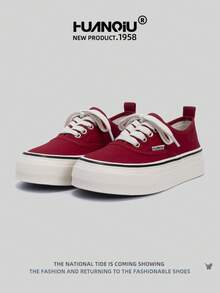 HUANQIU Tênis feminino casual estilo 2026, tênis feminino com sola grossa, tênis de lona vermelha, tênis confortáveis e respiráveis, aumento de altura de 3 cm, versátil, leve, confortável, tênis de festa com sola macia e cadarço, adequado para mulheres de estatura baixa, estilo casual esportivo, tênis de corrida para todas as estações. - Vermelho - Ver 4