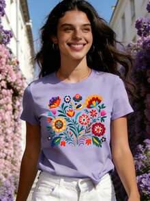 Mexican-Style T-Shirt With A Colorful Floral Print Featuring Festive Motifs, Casual Short-Sleeved Top With A Round Neck For Women. DWRM - 淺紫色 - 查看 5