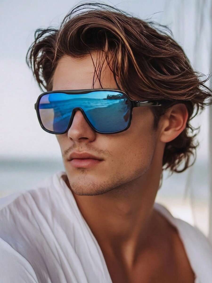 1 par de gafas sin montura de marco grande para hombres, adecuadas para ciclismo, playa, festivales de música, pesca - Mercurio azul negro brillante - Ver 1