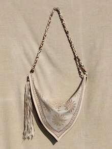 1pc New Arrival Niche Design Linen Bohemian Style Shoulder Crossbody Bag, Women's Large Capacity Handbag, Lightweight, Suitable For Boho Outfits - Hình vuông màu be - Xem 9