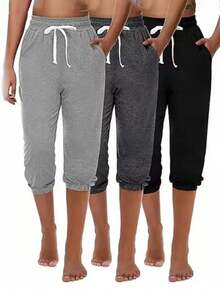 Pantalones capri de cintura alta con cordón para mujer, ropa informal y versátil, primavera y verano - Gris Oscuro - Ver 3