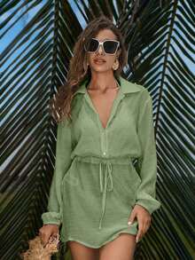 Conjunto de verano para mujer: Camisa elegante y casual con botones y mangas de farol, vestido corto y ligero para la playa, versátil - Verde militar - Ver 1