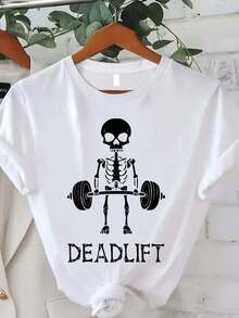 Camiseta de Mujer con Estampado Deadlift, Camiseta de Verano para Mujer, Moderna, Casual, Cómoda, Suave, Deportiva, para Fitness, Uso Diario, al Aire Libre, Transpirable, de Cuello Redondo y Manga Corta - Blanco - Ver 5