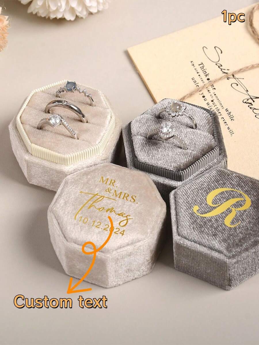 MerexSync 1個個性化六角形天鵝絨戒指盒，客製化刻字求婚婚禮禮物，婚禮配件，週年紀念，客製化禮物，個性化，婚禮裝飾，新娘，戒指盒，天鵝絨戒指盒，婚戒