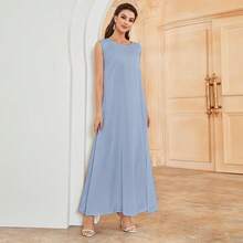 Vestido casual de corte recto sin mangas de cuello redondo de unicolor con perlas - azul claro - Ver 4