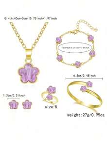 Set de 6 piezas de joyería con flor de la suerte, 1 pieza collar, 1 pieza pulsera, 1 pieza brazalete, 1 pieza anillo, 1 pieza de aretes, adecuado para uso diario, fiesta, vacaciones - Morado - Ver 8