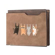 Cartera compacta para hombre Diseño de gato de dibujos animados de moda Cartera de cuero portátil y simple de alta calidad - k3320-XM-Marrón - Ver 3