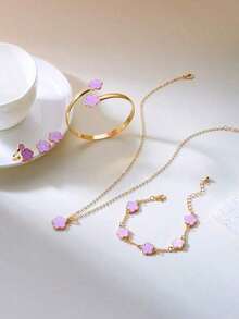 6pcs Vintage Gold Plated Carved 5-Petal Flower Pendant Necklace Bracelet Ring Earrings Jewelry Set For Women [Random Tassel - Green 2 - 查看 10
