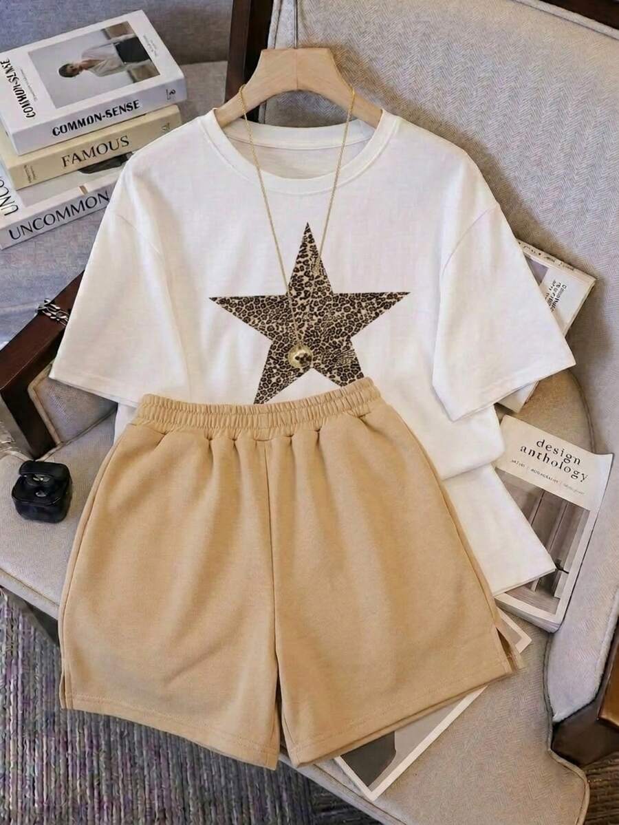 Conjunto set 2 Piezas de Verano Camiseta con estampado de Estrella en Animal Print y Shorts de Cintura Elástica Confort French Terry Ultra comodo liguero transpirable estilo idela casual - Beis - Ver 1