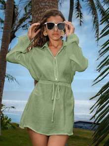 Conjunto de verano para mujer: Camisa elegante y casual con botones y mangas de farol, vestido corto y ligero para la playa, versátil - Verde militar - Ver 4