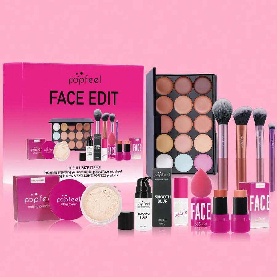 POPFEEL All-In-One Makeup Set, Includes Concealer Palette, Foundation, Setting Powder And Makeup Brushes, Creates Long-Lasting Flawless Base Makeup For Daily And Party Use - Baby Pink - View 1