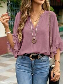 Plus Size Women V-Neck Solid Color Ruffle Trim Casual Blouse Pink Boho Tops - Pink - View 2