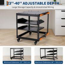 Profi Server Rack 10U-20U höhenverstellbar, Offener Netzwerkschrank mit Rollen & Wandhalterung, Belastbar bis 227kg, Inklusive 2 Fachböden für IT & AV, Robuster Schwerlast-Stahl - 12U - Übersicht 4