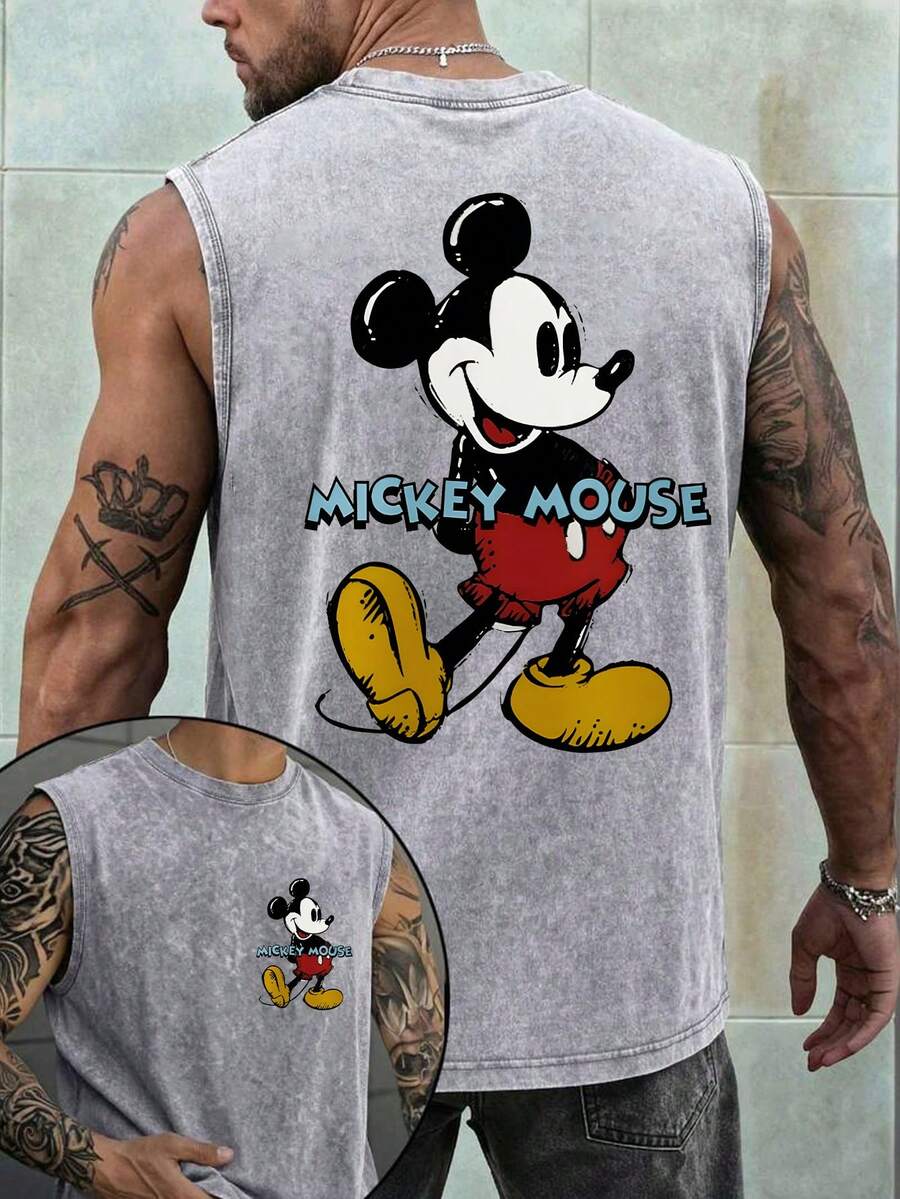 Disney 230g High-Quality Washed Cotton Crew Neck Tank Top, Colorful Mickey Print, Loose Fit, Casual For Everyday Wear. - 灰色 - 查看 1