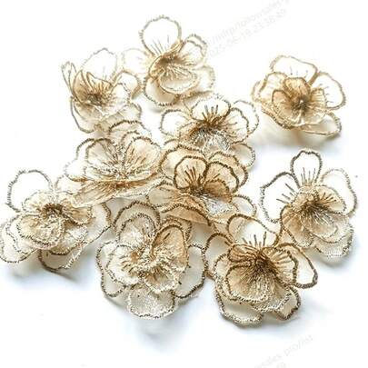 20pcs Gold/Silver Organza Flower Embroidered Patches, 3D Stereo Transparent Floral Appliques For Sewing, Clothing, Wedding And DIY Crafts