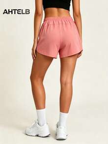 AHTELB Pantalones cortos deportivos de moda casual para mujer, con forro negro ajustado, diseño con cremallera antirrobo, diseño con cordón oculto, shorts de yoga de seda de hielo transpirables y elásticos, adecuados para el transporte diario, el ocio y el entrenamiento en el gimnasio - Rosa Roja - Ver 2