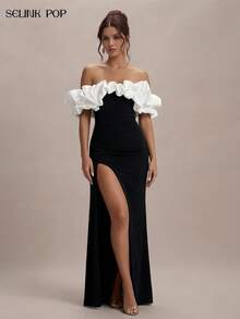 Black & White Contrast Off-Shoulder Ruffle Hem Sexy High Slit Evening Dress - Black and White - View 2