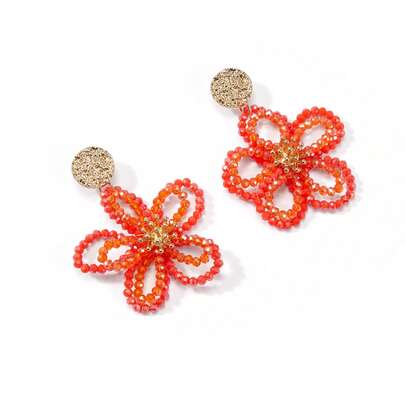 Trivaya 1 Pair Minimalist Versatile Bohemian Style Handmade Beaded Colorful Flower Drop Earrings, Fresh & Cute Sweet Fashion Design Hollow Flower Beaded Earrings Suitable For Women's Daily, Party, And Vacation Wear (Handmade Beaded Color And Position Random)