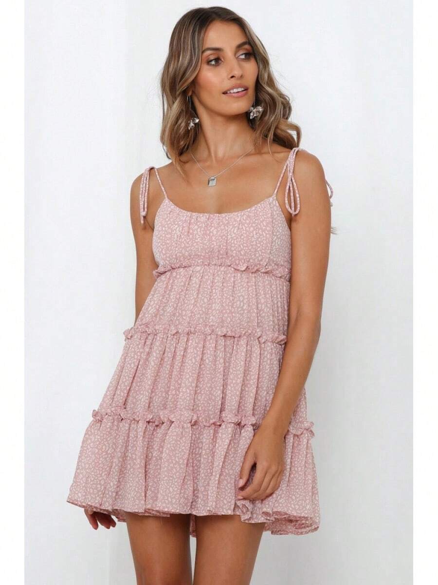 KZKZWK Floral Print Cami Mini Dress, Tiered Ruffle Hem, Casual Vacation Sundress - 粉點 - 查看 1