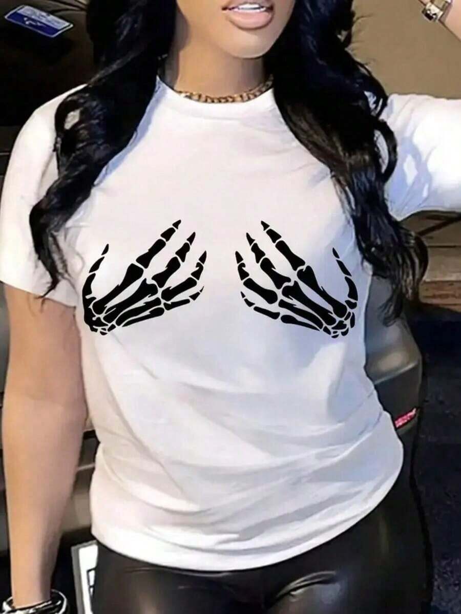 Crew Neck T-Shirt With Skull Print, Casual Short Sleeve Top For Spring And Summer, Women's Clothing 1 Sexy Casual Sweet Party Elegant High Elasticity Beach Night Out Vacation Wedding Sporty Office Home Summer - 白色 - 查看 1