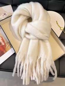 单件装女士长款纯色毛绒围巾，冬季保暖颈部，加厚保暖毯式围巾带流苏，加厚针织流苏披肩 - HM05-駝色 - 查看 3