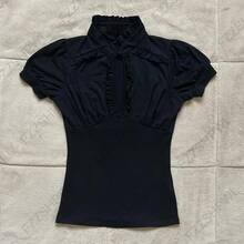 Top corto gótico Harajuku Y2K para mujer, camiseta informal ajustada a rayas con lazo de encaje y diseño de botones, ropa de calle elegante a la moda - Negro4 - Ver 4