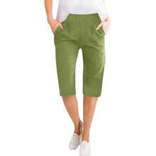 Pantalones Capris de lino y algodón para mujer, pantalones con cordón de cintura elástica, pantalones cortos informales, pantalones diarios, cinco medias pantalón - Verde militar - Ver 6