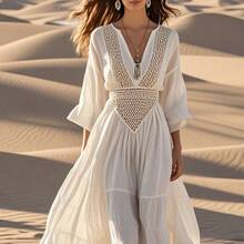 Dress With Patchwork Design For Beach Vacations, Hollow-Out Women's Beachwear Swim Dress - White - View 2