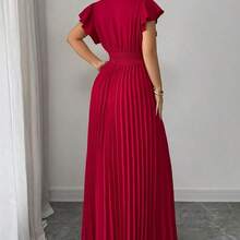 Elenzya New V-Neck Ruffle Sleeve Woven Solid Color Metal Decor Pleated Design Elegant Young Party Cocktail Holiday Maxi Dress For Women - Negro - Ver 3
