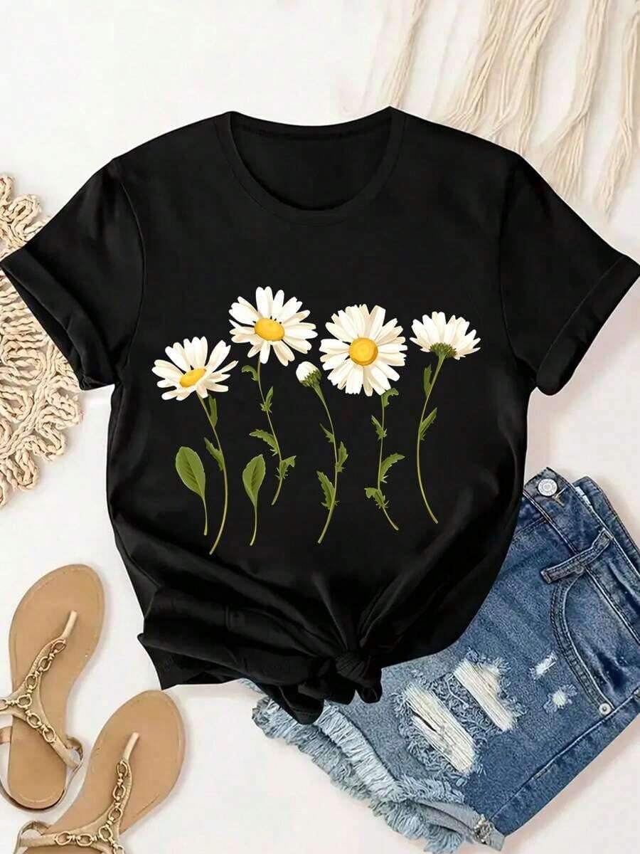 Camiseta de Mujer con Estampado de Pequeñas Margaritas, Moda de Verano para Mujer, Casual, Cómoda y Suave, para Deportes al Aire Libre y Fitness, Cuello Redondo, Manga Corta - Negro - Ver 1
