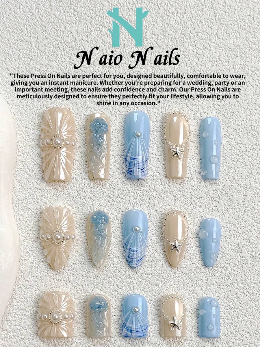NAIO 10片/套 手工美甲贴片,Y2K 酷炫风格,法式美甲,凝胶美甲,沙滩美甲,海洋主题,蓝色贝壳法式美甲,饰有3D浮雕水母和珍珠。适合女性和女孩,派对、度假、日常佩戴皆宜,附赠工具包,是送给女士美甲的绝佳礼物。三种尺寸可选:杏仁形、圆唇形、棺材形美甲贴片。 - 彩色 - 查看 1
