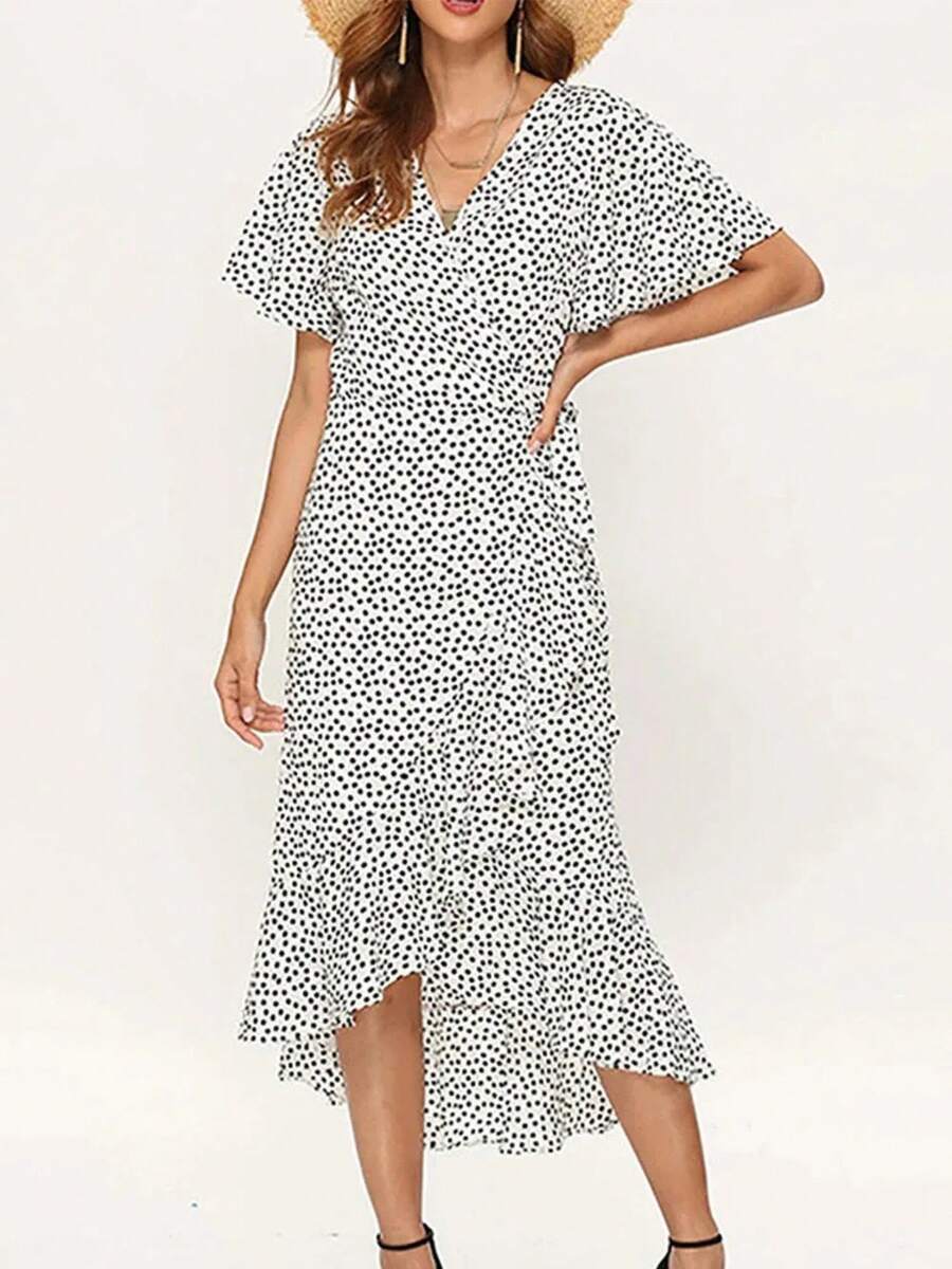 Vestido playero largo sexi con flores para mujer, vestido bohemio de gasa largo con volantes estampado, vestido entallado informal con cuello de pico y abertura de verano - BLANCO - Ver 1