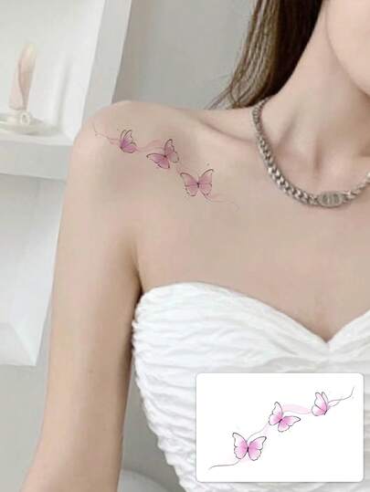 1 miếng dán hình xăm bướm màu hồng chuyển sắc, chống thấm nước và bền lâu, thích hợp để trang trí xương quai xanh/vai, kiểu INS.