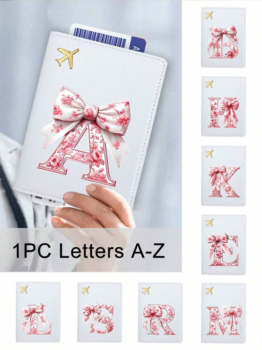 Pink Bow A-Z Letter Print Passport Cover, Cute PU Leather Travel Passport Holder, Multifunctional Travel Organizer, Travel Essential, Back To School Gift For Men & Women, ID/Bank Card/PU Wallet, Mother's Day/Girlfriend/Friend/Nurse's Day Gift - Multicolor - View 1