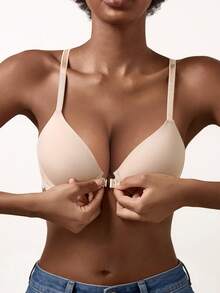 Sujetador de encaje blanco para mujer con espalda de corredor - Diseño de cierre frontal, acento de encaje floral en la espalda, soporte cómodo y característica de fácil colocación - Beis - Ver 5