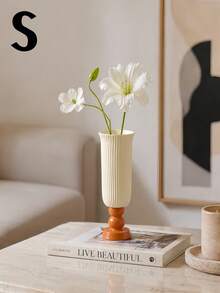 1pc Modern Minimalist Textured Vase, Creamy White Decorative Vase With Orange Base, Nordic Style Plastic Resin Vase Suitable For Living Room, Dining Table, Bedroom, Aesthetic Home Decor - Elegant Vase - View 6