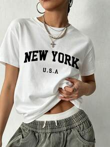 Camiseta de moda femenina de verano de manga corta camiseta de moda casual al aire libre 'letra' estampada camiseta casual femenina suelta - Blanco - Ver 1