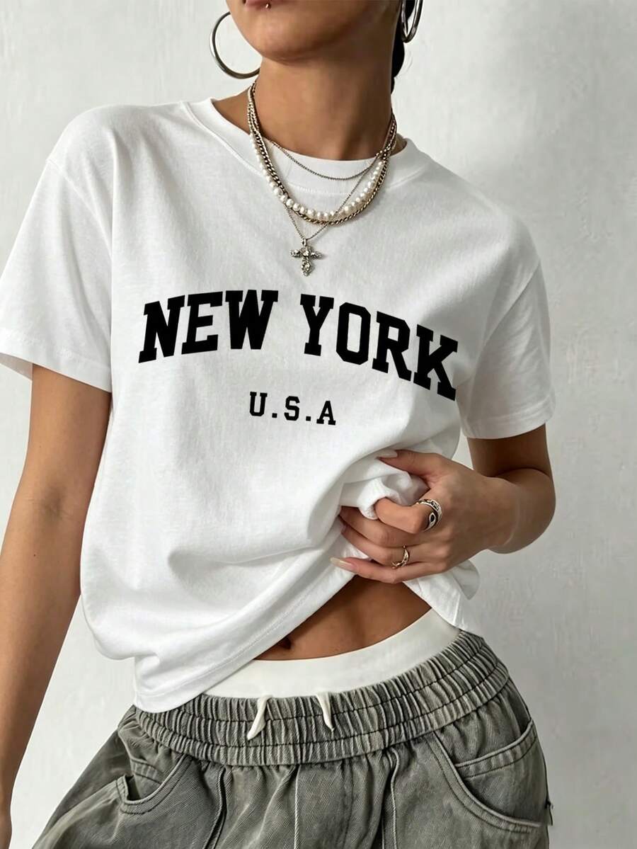 Camiseta de moda femenina de verano de manga corta camiseta de moda casual al aire libre 'letra' estampada camiseta casual femenina suelta - Blanco - Ver 1