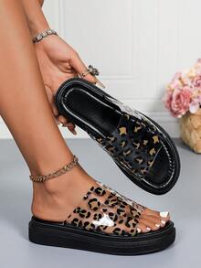 Women's Transparent Slip-On Thick Sole Sandals, Comfortable Versatile Summer Casual Beach Slippers, Brown Transparent Leopard Print Slides - Leopard Print - View 5