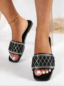1 Pair Flat Slide Sandals / Solid Color Flat Design Shiny Upper Exquisite Design Rhinestone Decor Easy To Put On And Take Off Easy To Clean Elegant Sophisticated Fashion Versatile Suitable For Daily Wear Shopping Dating Vacation Travel Must-Have Slide Sandals - Black - View 3