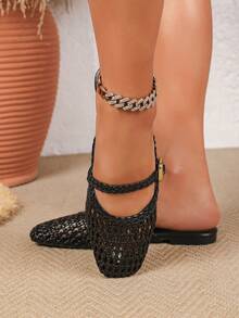 Giày Mule xỏ chân phong cách Bohemian 2026 mới, đan rỗng thoáng khí, giày búp bê đế bệt, giày mùa hè, giày đục lỗ thời trang thường ngày thoải mái thanh lịch, nhẹ - màu đen - Xem 6