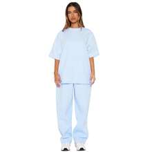 Women's Solid Color Two Piece Set Round Neck Mid Sleeve Top And Wide Leg Pants Casual Outfit - Light blue - View 5