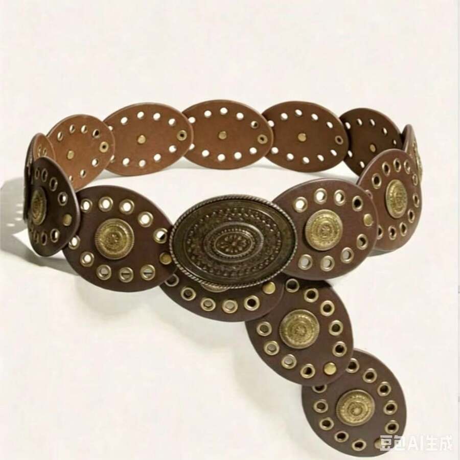 1pc Women's Bohemian Style Brown Patchwork Vintage Metal Leather Belt, Suitable For Dresses, Jeans, Music Festival, Commuting Outfit - Coffee - View 1