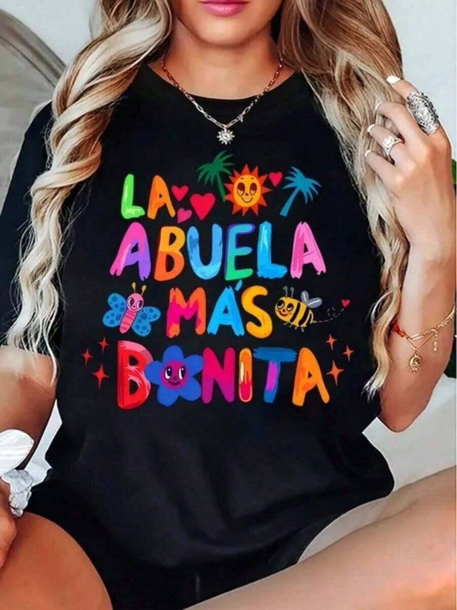 Soft 100% Cotton T-Shirt [Women's Graphic Print T-Shirt] Women's Casual Short Sleeve Crew Neck T-Shirt - Soft And Stretchy Fabric With Colorful Graphic Print "I Love You, Mom", Palm Tree And Star Design - Machine Washable, Comfortable Fit For All Seasons, Ladies' T-Shirts, Relaxed Fit, Eye-Catching T-Shirt, Comfortable Fit, Printed Top, Fun Style For Lovers, Weekend Outfit, Playful Print, Breathable Material, Stylish Blouse, Breathable Cotton T-Shirt For Women, Goes With Everything. - 黑色 - 查看 1