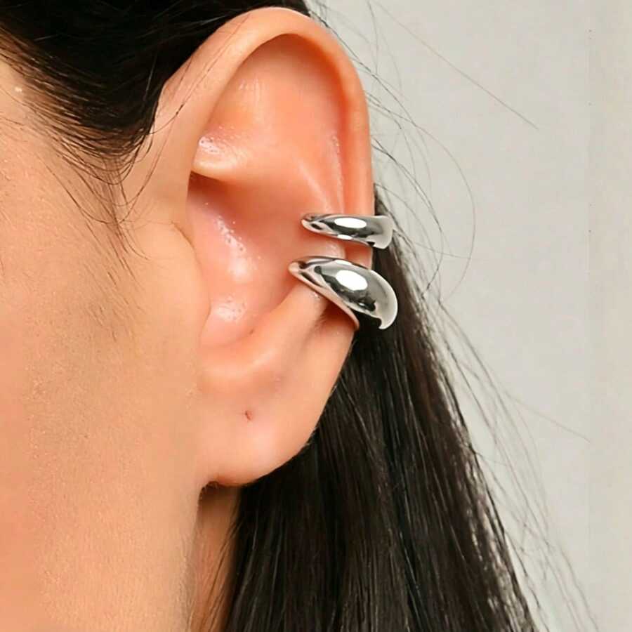 2pcs Minimalist Everyday Curved Ear Clips, Mixed Sizes Fashion Accessories Ear Clips For Women - Silver - View 1